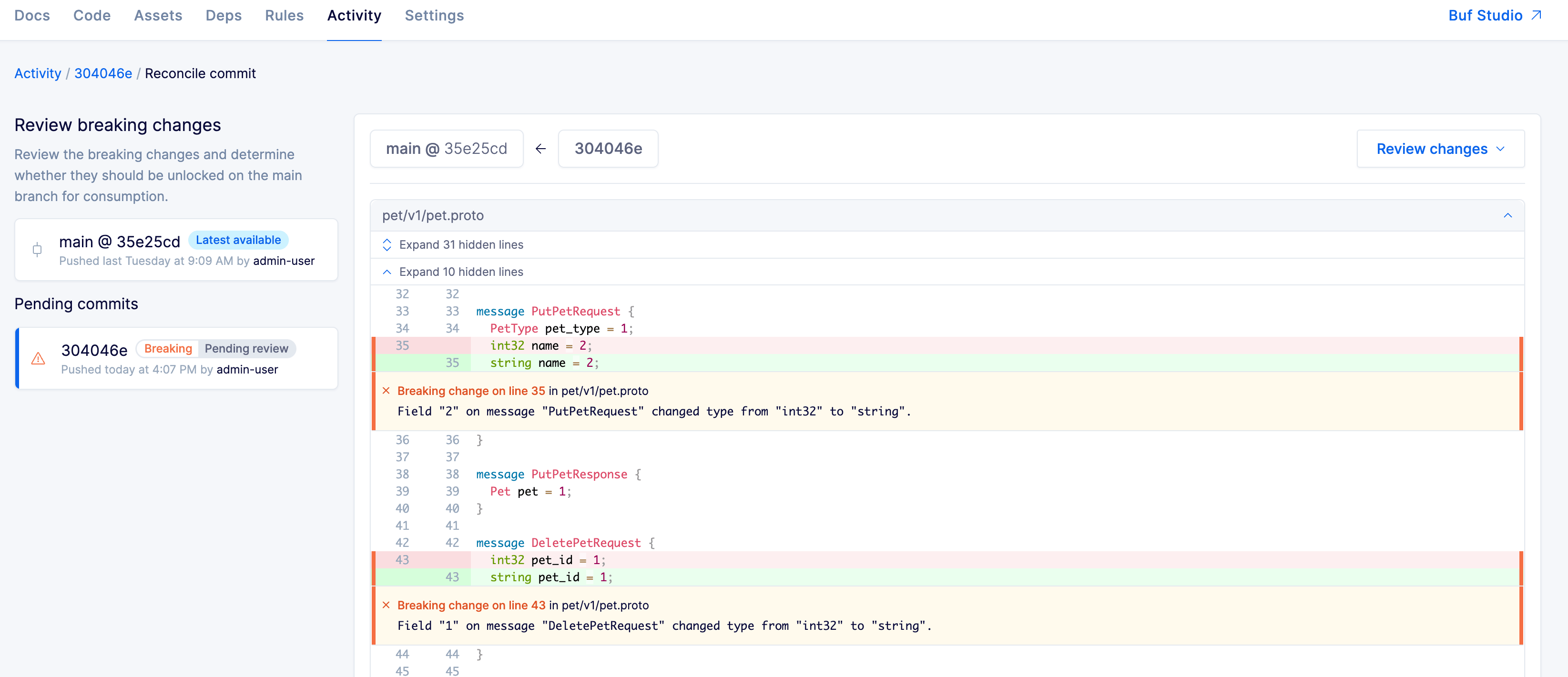 Screenshot of the review flow diff screen