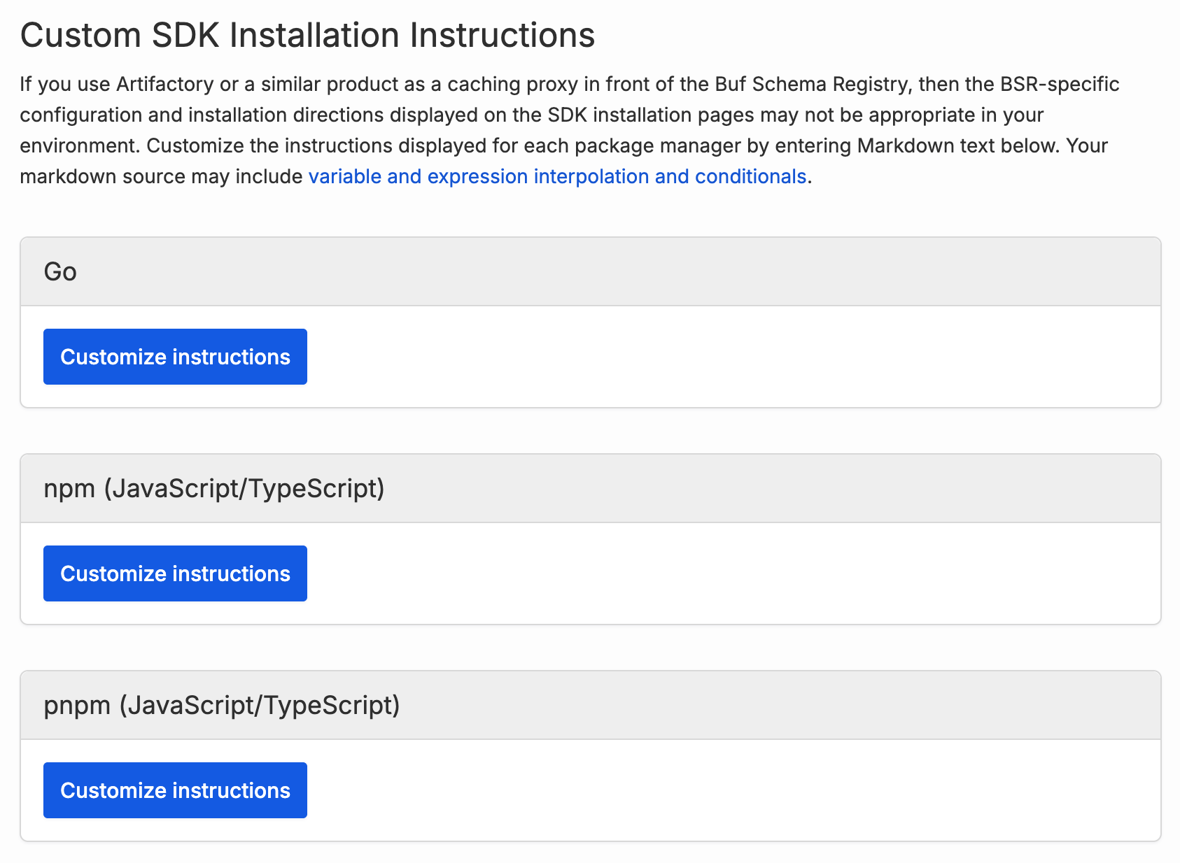 Screenshot of SDK installation instructions customization screen