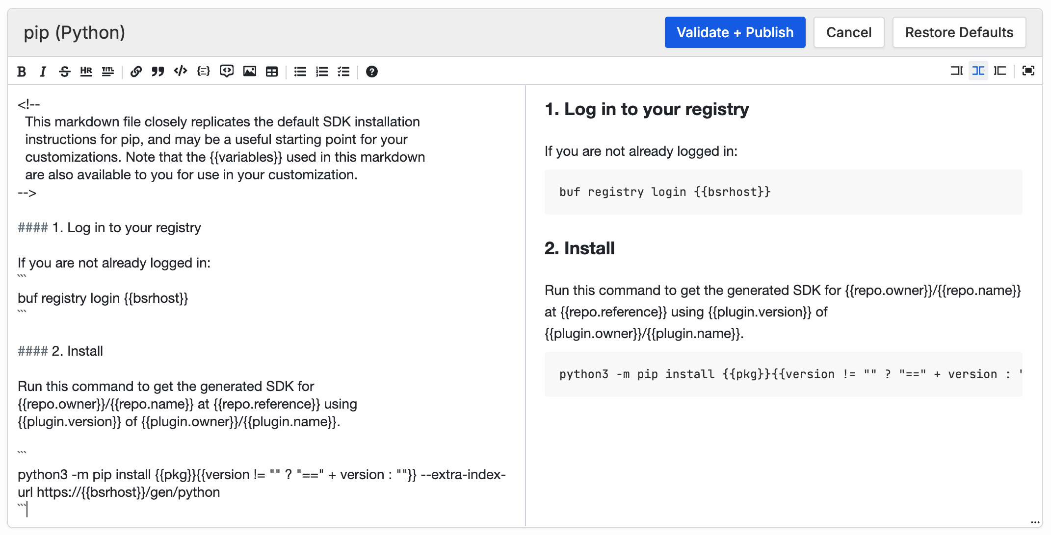 Screenshot of customizing SDK instructions for pip