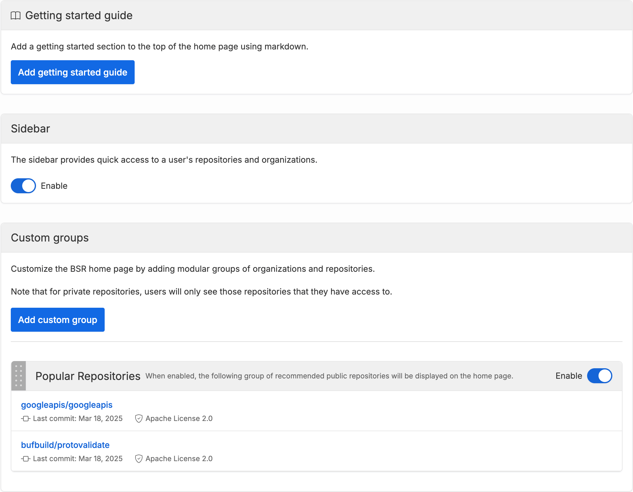 Screenshot of BSR homepage admin screen