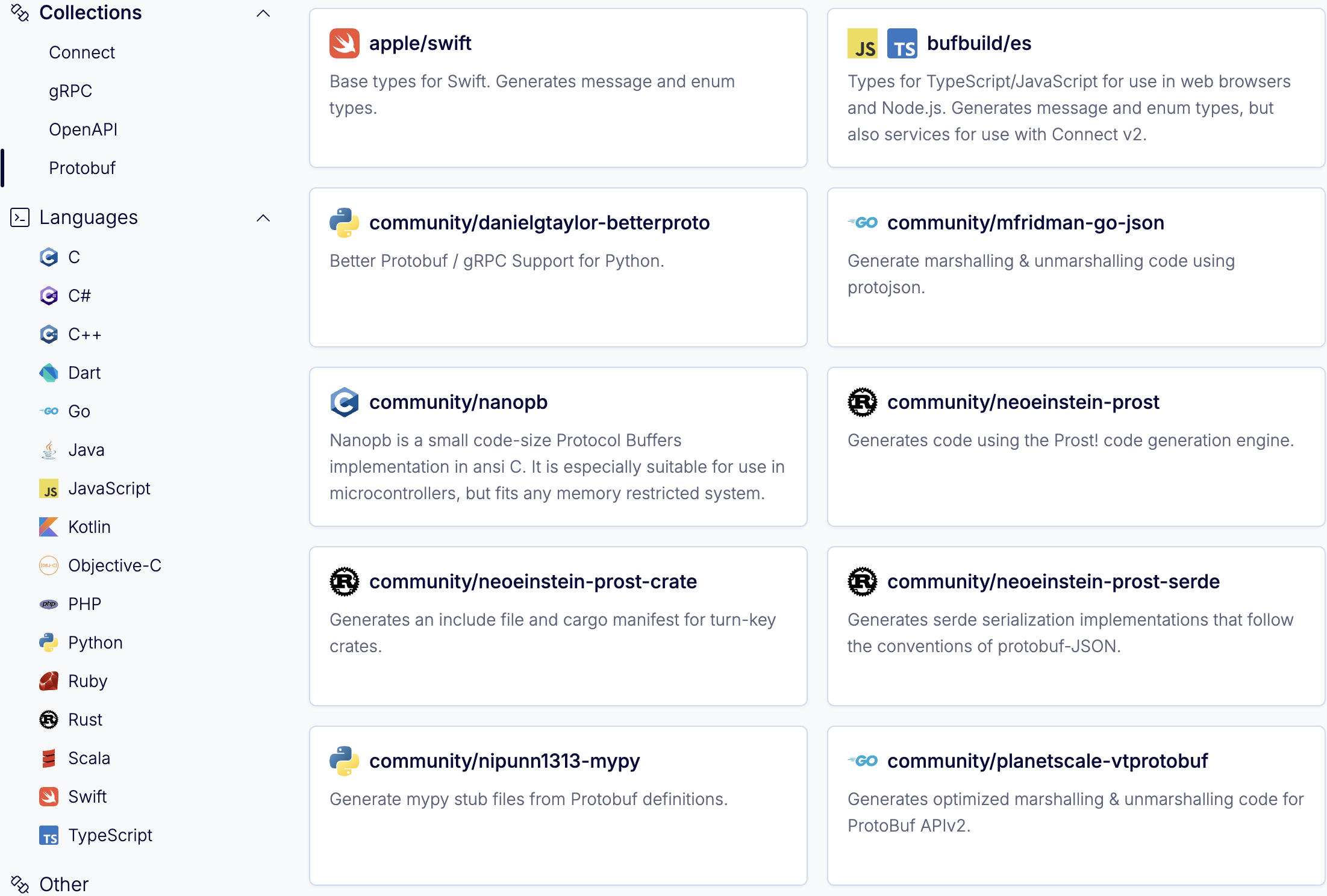 Remote plugin browse screen, showing plugins available for Go