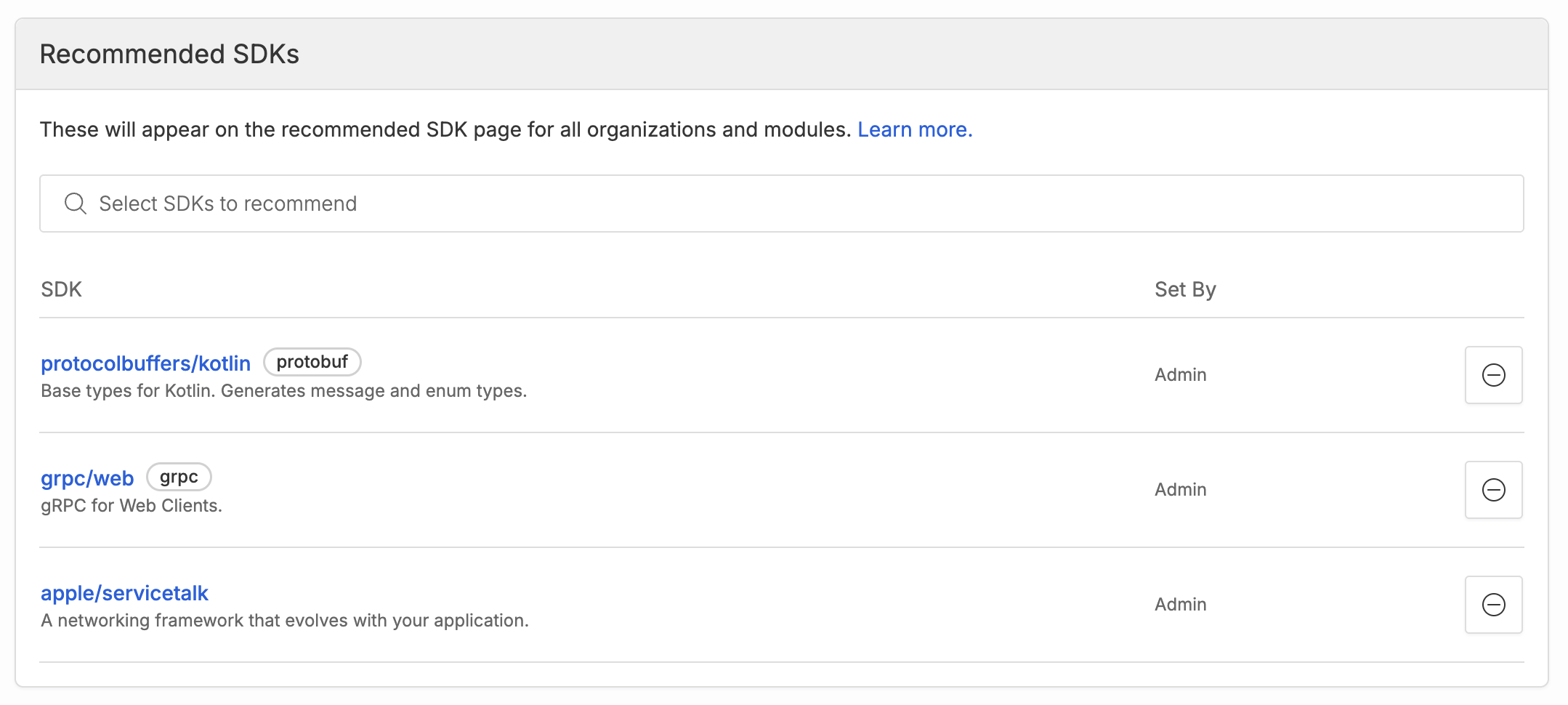 Screenshot of admin screen showing three recommended SDKs